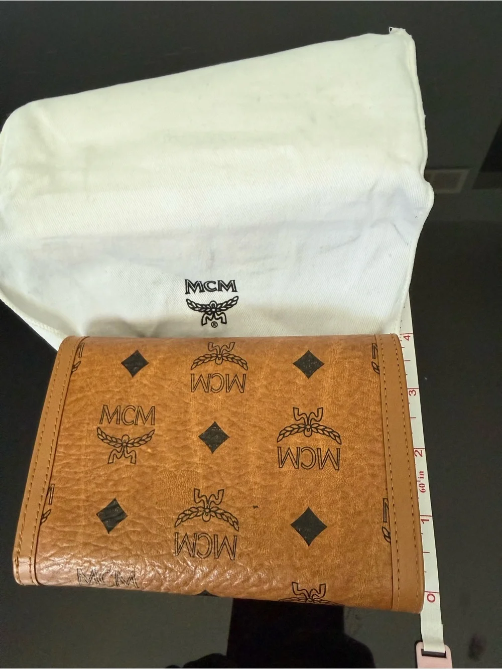 MCM Cognac Visetos Monogram Zip Wallet with Gold Plaque